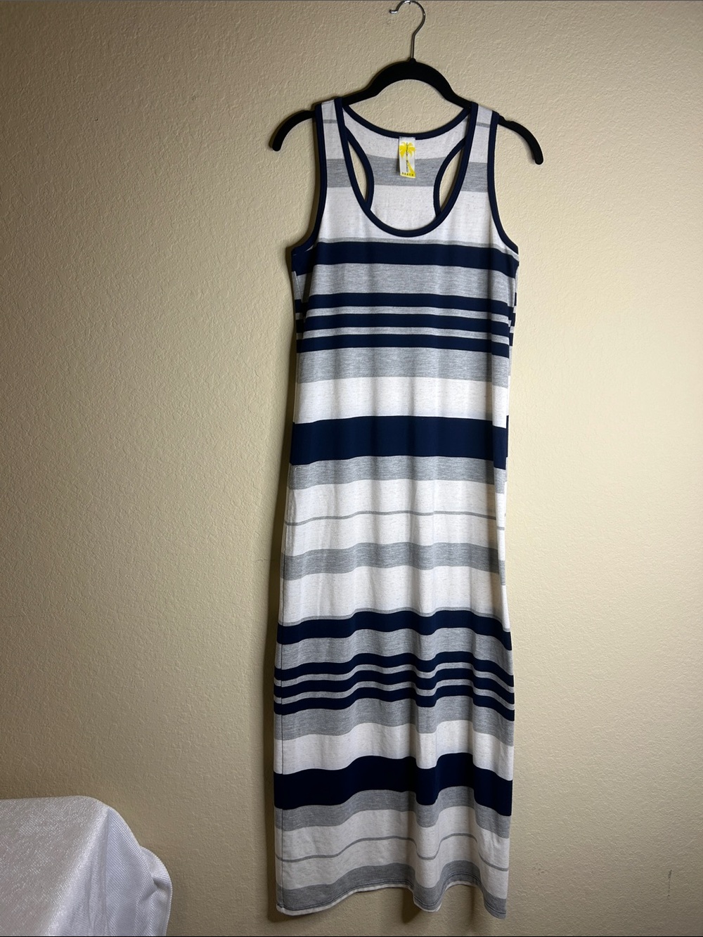 Lily Bleu Navy, White and Gray Striped Racerback Maxi Dress